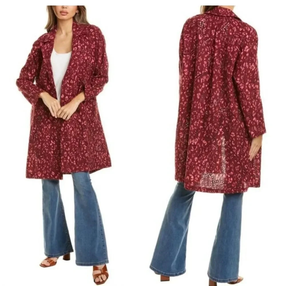 Johnny Was Deep Red Zaragoza Linen Long Sleeve Trench Coat Women's Size XSMALL